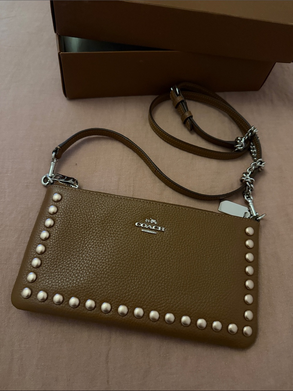 Coach Brown Pebbled Leather Crossbody  Gold stud trim w/box-NWOT